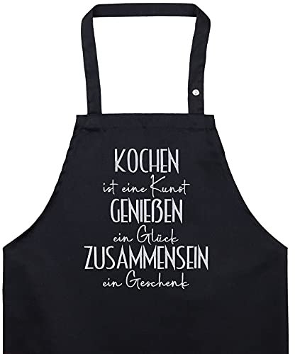 EXPRESS-STICKEREI Designer Kochschürze bestickt mit Spruch Kochen Genießen Zusammensein Küchenschürze Größen verstellbar mit Fronttasche für Frauen Männer onesize Grillschürze Sporttasche