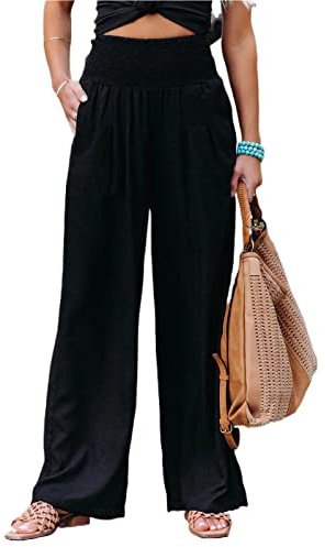 Loalirando Women Cotton Linen Pants Casual Loose Solid Color Beach Pants Elastic High Waist Wide Leg Palazzo Yoga Lounge Trousers with Pockets (Black, L)