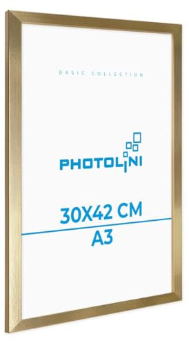 PHOTOLINI Bilderrahmen A3 Holz MDF Gold, A3 Bilderrahmen 30x42 Holz MDF, DIN A 3 Rahmen mit Acrylglas, Picture Frame 42x30 zum Aufhängen, Rahmen 42 x 30 mit Zubehör für DINA3 Fotos & Poster
