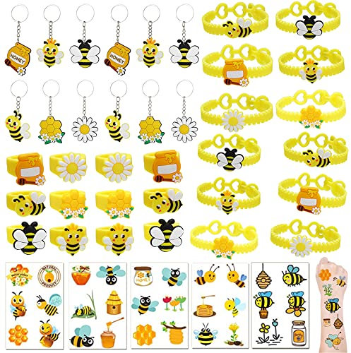96-teiliges Partyzubehör mit Bienen-Motiv, Hummel-Themenparty-Zubehör, inklusive niedlicher Bienen-Schlüsselanhänger, Armbänder, Ring und temporäre Tattoos für Hummel-Motto-Party, Geburtstag, Dusche