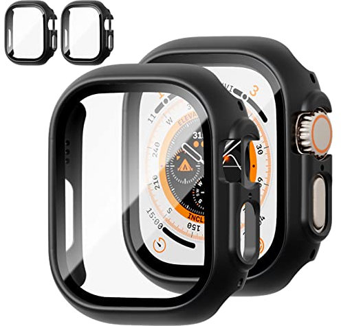 JZK Paquete de 2 fundas con protector de pantalla de vidrio templado para Apple Watch Ultra 2 (2023)/Ultra de 49 mm, protector delgado, cobertura completa, cubierta protectora de policarbonato duro