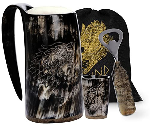 Fenrir 16 oz Viking Horn Mug with Shot Glass and Opener for ale Beer & Cold Drink - Father's Day Gift Idea Natual Wolf Finish