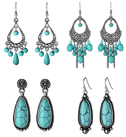 JewelryWe Schmuck 4 Paare Türkis Ohrringe Set Damen Vintage Böhmisch Tropfen Quaste Baumeln Statement Ohrringe Ohrrhänger Ohrstecker Grün Silber
