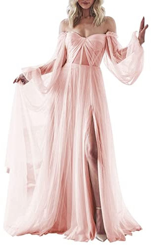 Robe de mariée en tulle à manches longues bouffantes pour femme, rose poudré, 52 plus