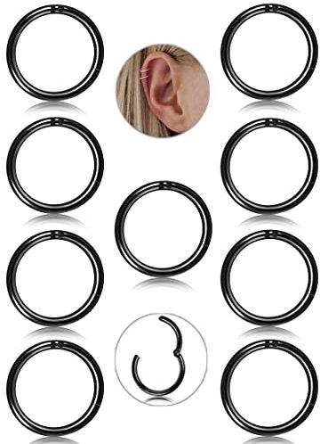 JeryWe 9Stk 16G Edelstahl Knorpel Creolen Ohrringe für Frauen Männer Nase Ringe Piercing Hoop Lippe Septum Clicker Ring Tragus Piercing Schmuck Set 8/10mm Silber/Gold/Roségold/Schwarz