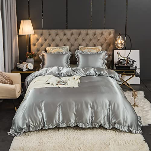 Freyamy Satin Bettwäsche Luxus Glatt Seide Glanzsatin Bettwäsche Set Grau Einfarbig Rüschen Romantisch Sommer Bettwäsche Jungs 1 Bettbezüge und Kissenbezug mit Reißverschlüsse, 135x200cm + 80x80cm*1