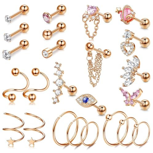 KALVICA 24 Stück Helix Piercings Chirurgenstahl Knorpel Ohrstecker Damen Tragus Conch Piercing Ohr CZ Ohrringe Set Nasenpiercing 16G Gold Silber Rose Glod