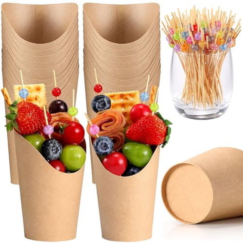 12Oz Charcuterie Cup Set, 24 Pcs Cups with 100 Pcs Coctail Picks, French Fry Holder and Colorful Bead Skewers, Handheld Party Appetizer Kit, Disposable Kraft Paper Snack Box Container, Take Out Cones