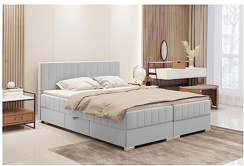 MEBLINI Boxspringbett mit Bettkasten - Gepolstert Doppelbett mit Matratze und Topper - Polsterbett mit Stauraum - Bett mit Kopfteil - Stauraumbett - PIAF - 180x200 - H3B/Hellgrau Samt