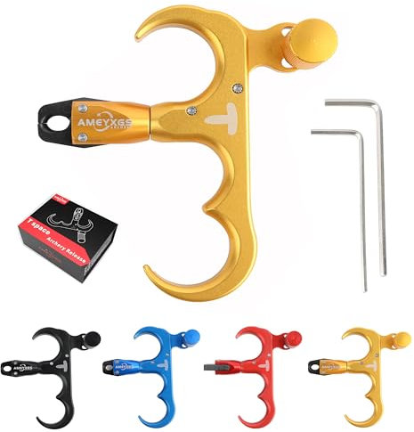 limaity Bogenschießen Release Aids 3 Finger Auslösehilfe Aluminiumlegierung 360°drehbare SpannbackenHochsensibler Einstellbarer Bogen Spannhilfen für Compoundbogen (Gold)