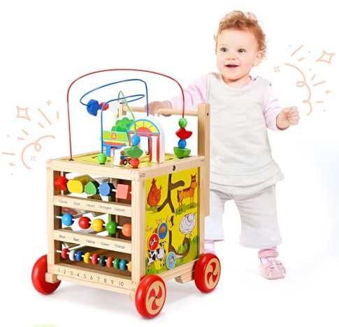Ixdregan Chariot de Marche en Bois Bébé 1+Ans, Trotteur Bebe Evolutif 5 en 1, Marcheur d'Apprentissage pour Garçons Filles, Chariot De Marche Bebe