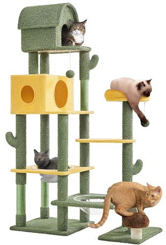 Yaheetech Árbol Rascador para Gatos Grandes Diseño de Oasis Tour en Forma de Cactus Altura 174 cm Torre de Gatos con Plataformas Cueva Multiniveles Verde y Amarillo