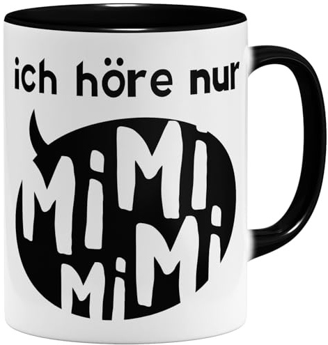 OM3® lustige Kaffee-Tasse mit Spruch - Ich höre nur Mi Mi Mi Mi - Keramik Becher - 325ml - Beidseitig Bedruckt - Schwarz