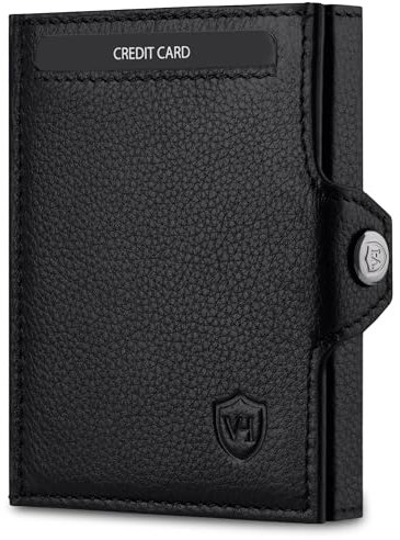 VON HEESEN Slim Wallet mit XXL Münzfach & RFID-Schutz - Leder Geldbeutel - Mini Geldbörse für Herren und Damen - Kartenetui Echtleder Karten Portemonnaie klein - Kreditkartenetui Schwarz