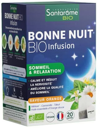 Santarome Bio - Bonne Nuit Bio - Sommeil & Relaxation - Infusions sommeil - A base de Camomille & Mélisse - Goût Orange - 20 sachets - France