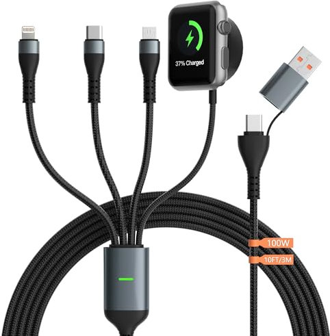 100W 4 in 2 Multi Ladekabel für Samsung Watch - 3M Uhrenladegerät USB C Kabel iPhone Ladekabel 4 in 1 Mit Lightning/USB C/Uhren Ladegerät/Micro für iPhone iPad Laptop Android