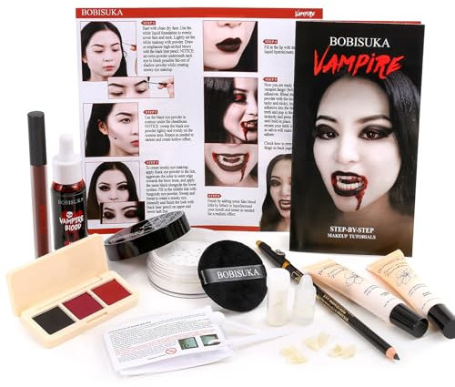Halloween Vampire Makeup Kit, Complete Vampire SFX Make Up Set with Vampire Teeth Fangs, Fake Blood and White Foundation for Cosplay, Costume Party, Stage, Movies & Theater