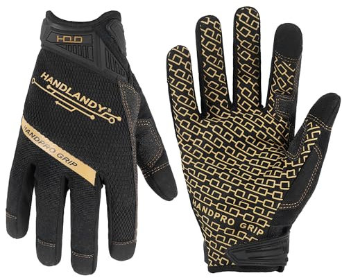 HANDLANDY Work Gloves with Grip for Men & Women, Safety Working Gloves Touchscreen for Wareshoue Mechanic Outside Yard (Black, Large)