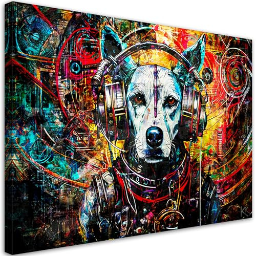 Feeby Wandbilder - Bilder Schlafzimmer - Hund mit Kopfhörer Pop Art - 60x40 1tlg - Wohnzimmer Bild Groß - Wohnungs - Foto Geschenk - Leinwand Wall Art - Wand Deko