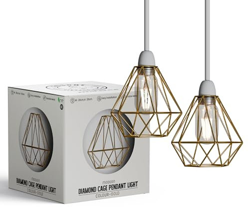 LEDSONE 2-Pack Modern Geometric Diamond Pendant Lampshades - Metal Wire Cage, Gold, 14.5x20cm, Ideal for Living Room, Kitchen, Restaurant, Office