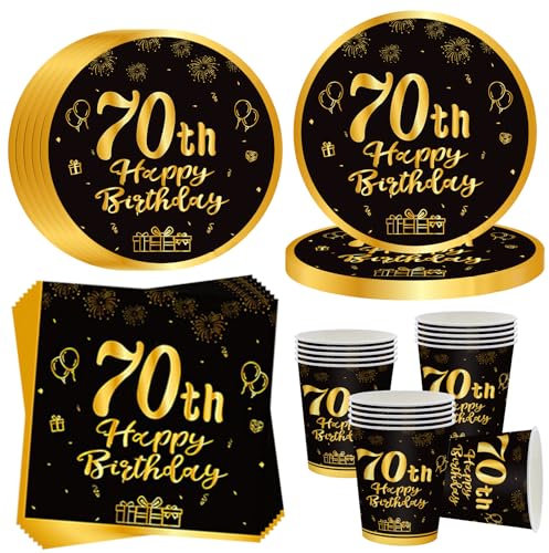 OMZSXK Vajilla de fiesta de 70 cumpleaños para 16 invitados, color negro y dorado, plato de fiesta de 70 cumpleaños, vajilla de papel para 70 cumpleaños, servilletas para hombres y mujeres, decoración