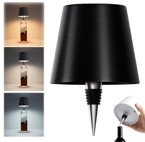 FOTEMIX Lampe bouteille sans fil, 3 couleurs à intensité variable, lampe LED rechargeable à contrôle tactile, abat-jour bouteille sans fil pour chambre, restaurant et bar (noir, 1 pièce)