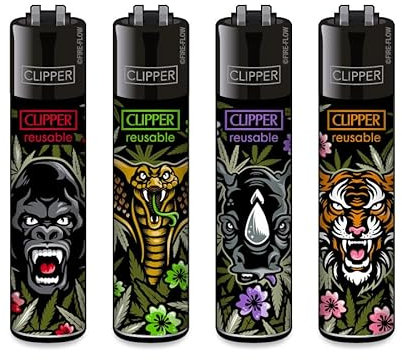 Clipper Feuerzeuge, Set mit 4 Stück, außergewöhnliche Motive (Jungle Weed #2)