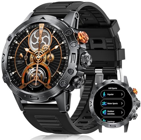 DekeFit Militär Smartwatch Herren mit Telefonfunktion, Lange Akkulaufzeit, IP68 Wasserdicht, 1.53'' IPS Touchscreen 120+ Sportmodi Outdoor Fitnessuhr, Herzfrequenz, Schlafmonitor, Android iOS, Schwarz