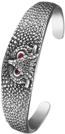 JewelryWe Eule Armreif Herren Armband: Edelstahl Eulen Offenes Verstellbares Manschette Armreif Armspange mit rot Strass Augen Nordische Wilder Stil Schmuck Eulenliebhaber Geschenke Silber