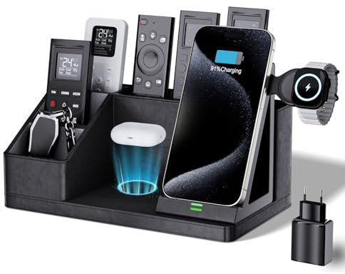 GORESE 3 in 1 Schreibtisch Organizer mit Induktive Ladestation, Leder Büro Organizer Bürobedarf Stiftehalter 30W Kabelloses Laden für iPhone 16/15/14/13/12/11/Pro/Max/XS iWatch7/6/5/4/3 AirPods3/2
