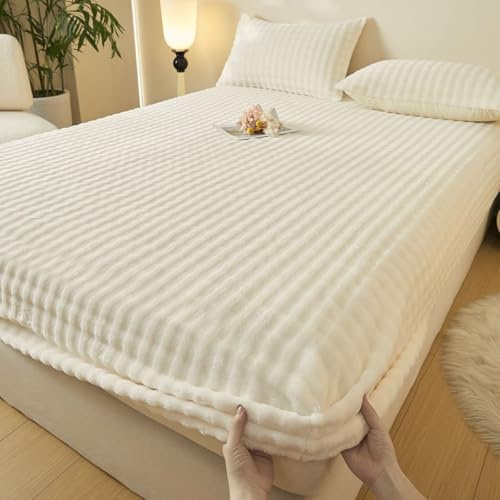 Homxi Spannbettlaken Einzelbett Universal,90 x 200 cm,Betttuch für Hohe Matratzen Samt Einfarbig Bettwäsche Einzelbett Beige Weiß