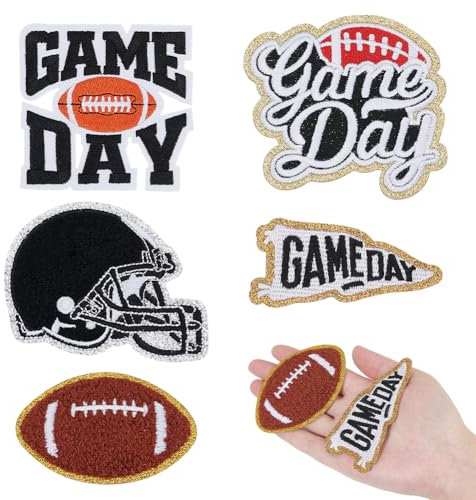 WADORN 10 Stück Game Day Aufbügler Patches, 5 Stilen Bestickter Fußball Rugby Helm Stoffaufnäher Zarte Applikation Zum Selbermachen Kleidungsstücken Für Heißpresse mit Goldkanten Jeansjacke, Schwarz
