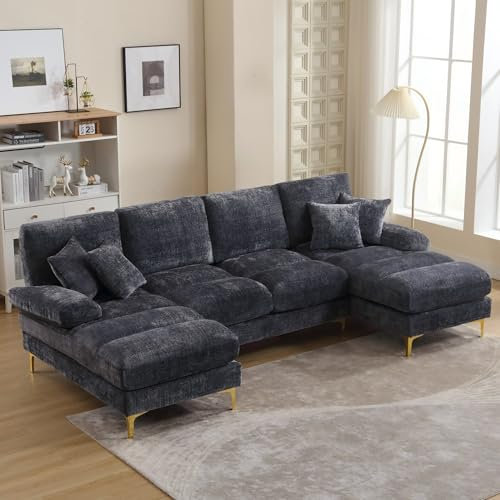272CM Lange Sofa U-Form, Groß Couch mit Liegensitzen, Modulares Sofa 4 Sitzer Ecksofa mit Schlaffunktion für Wohnzimmer, Chenille-Stoff Grau