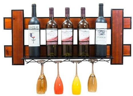 HKLJHCVA-OU Rack per Vino Portabottiglie Loft con portabottiglie e portabicchieri | Portaoggetti da Parete in Legno e Metallo - Stile Industriale Vintage