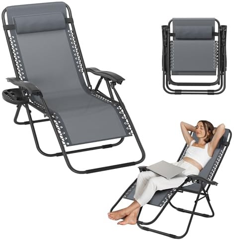 UISEBRT Gartenliege Klappbar mit Getränkehalter & Kopfkissen, Liegestuhl mit Verstellbarer Rückenlehne für Garten, Balkon & Strand, Sonnenliege Relaxstuhl Campingliege bis 120kg, Grau