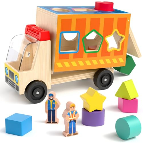 Coogam Holzwagen Formen Klassifizierung Spielzeug, Farbformmatch-Spiel mit 2 Spielfiguren, Baby-Schritt-Geschenk für feine Bewegung Lernen, geeignet für 2 3 4 Jahre alt