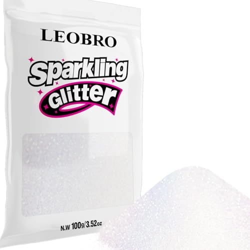 LEOBRO White Glitter, 100g / 3.5 oz Iridescent Fine Glitter for Crafts, Resin, DIY Jewelry Keychains Flowers Party Decorations, Iridescent Bluish White