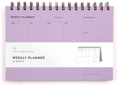 Undated Weekly Planner Notebook - Spiral Bound, 60 Pages, 5.75 x 8.5 (A5 size), Purple Cover