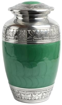 Cremation Urn for Human Ashes – Adult Large Decorative Aluminum Funeral Memorial Keepsake – Securely Holds approx. 90kg or 14 Stone Body (Green-Plain, Adult Size)