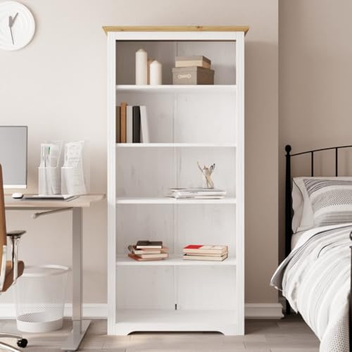QJBSAVVA BODO Bücherregal 5 Fächer aus massiver Kiefer rustikales Weiß Braun 82x40x173 cm standfestes Hochregal im französischen Landhausstil platzsparend für Wohnzimmer Büro Flur