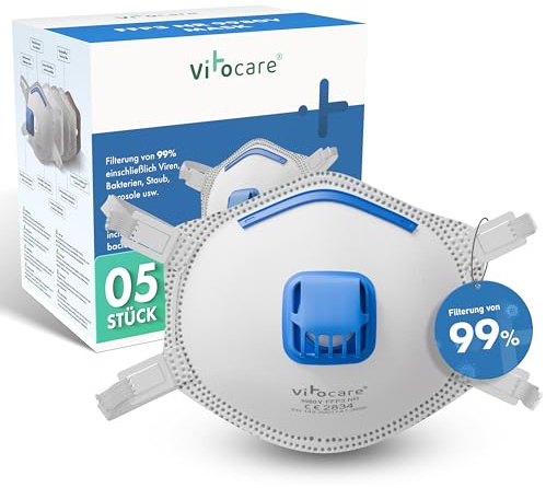 vitocare Máscara FFP3 con válvula, 5x, 10 o 20 unidades, máscara de protección respiratoria con aro nasal ajustable, máscara antipolvo con forma ergonómica, protector bucal con microfiltro (5)