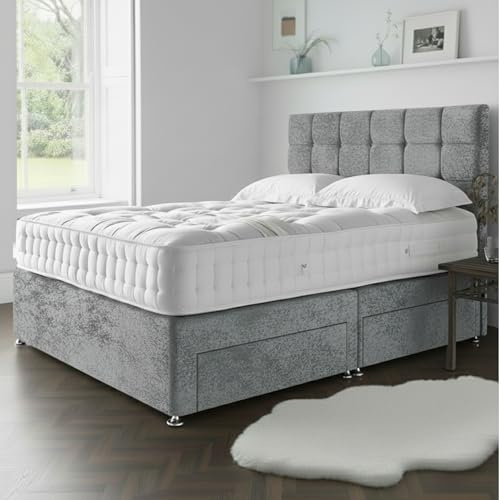 STONEGATE BEDS Double Bed Set 4 FT 6 with 10 Inch Orthocare Memory Mattress - Silver Divan Beds Set with Storage Drawers – 26 Inch Headboard with Chrome Feet 4FT6 Double Bed - Silver Crush velvet