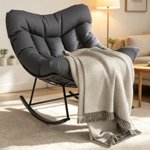 Garvee Eiersessel Schaukelstuhl mit Polster, Moderner Relaxsessel mit stabilem Metallgestell, Bequemer Lesesessel Grau für Wohnzimmer Balkon Terrasse Garten Indoor & Outdoor - Anthrazit