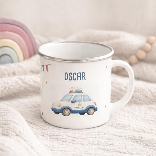 hellomini Personalisierte Emaille Tasse für Kinder, Kindertasse mit Wunschmotiv, Kinderbecher mit Namen, Geschenk zum Geburtstag für Mädchen und Jungs, (Polizeiauto)