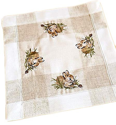 Decke quadratisch - ecru/beige-bunt Stickerei ''Hasen'' Leinenoptik (35/35)