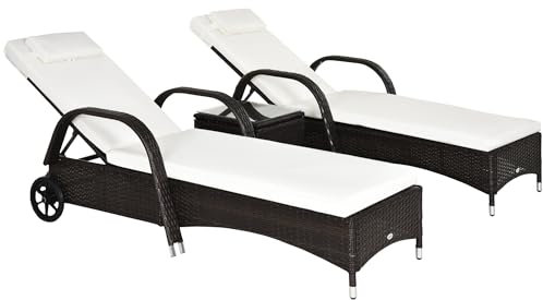 Outsunny Rattan Sun Loungers for Garden Set of 2 with Side Table, Garden Recliner Sunbeds with Adjustable Back, Wheels, Cushions and Headrest, 3 Pieces Garden Furniture Set for Outdoor, Patio, Brown