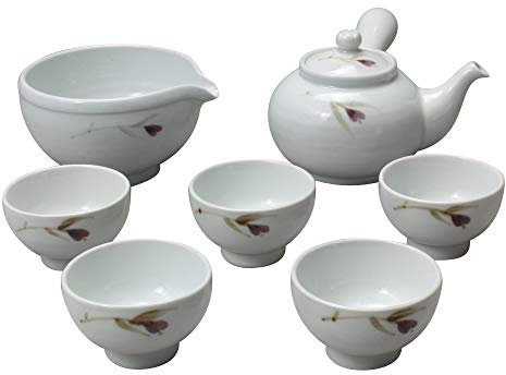 Korean Style White Porcelain Red Copper Painting Flower Tea Ceremony Complete Service Gift Set Ceramic Pottery 11.8 oz (350ml) Side Handle Tea Pot Cups Teapot Pitcher Bowl for Cooling Hot Water