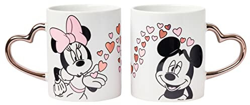 Silver Buffalo Minnie Blowing Kiss to Mickey with Hearts Gold Heart Shaped Handle 2 Pack Ceramic Mug Set, 14 Ounces