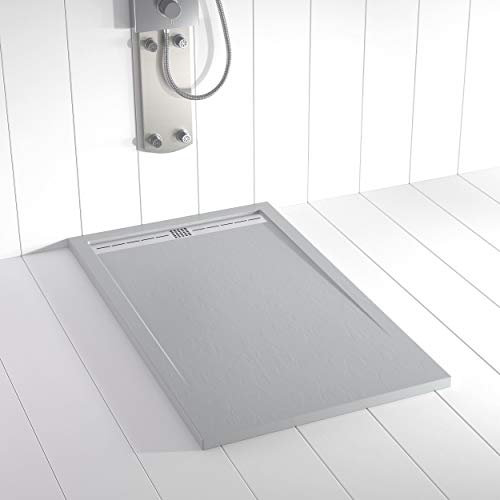Shower Online Plato de ducha Resina FLOW - 90x160 - Textura Pizarra - Antideslizante - Todas las medidas disponibles - Incluye Rejilla Inox y Sifón - Gris RAL 7035