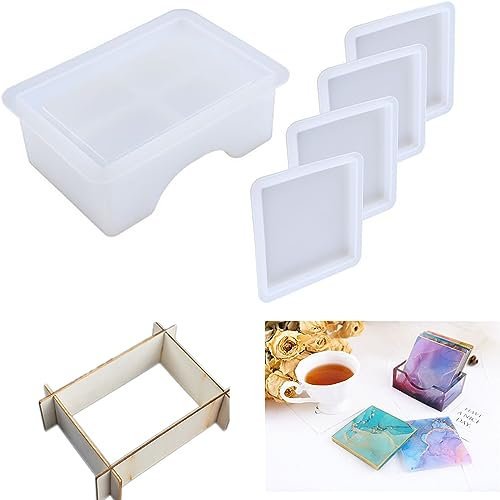 TikooTik 2St Silikonform Untersetzer Gießform, 4St Feste Platte Rahmen für DIY Silikonformen Epoxidharz Set Coaster Resin Mold Untersetzer Kunstharz (2 Harzform+4pc Holzbrett)